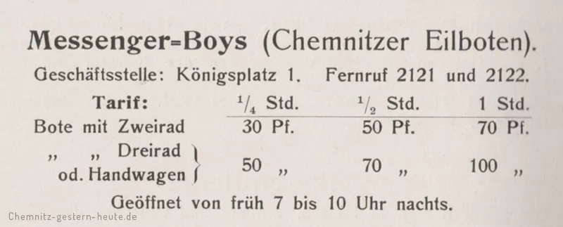 Die Tarife der Messenger Boys 1913