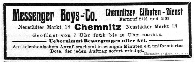 Werbung der Chemnitzer Messenger-Boys 1909