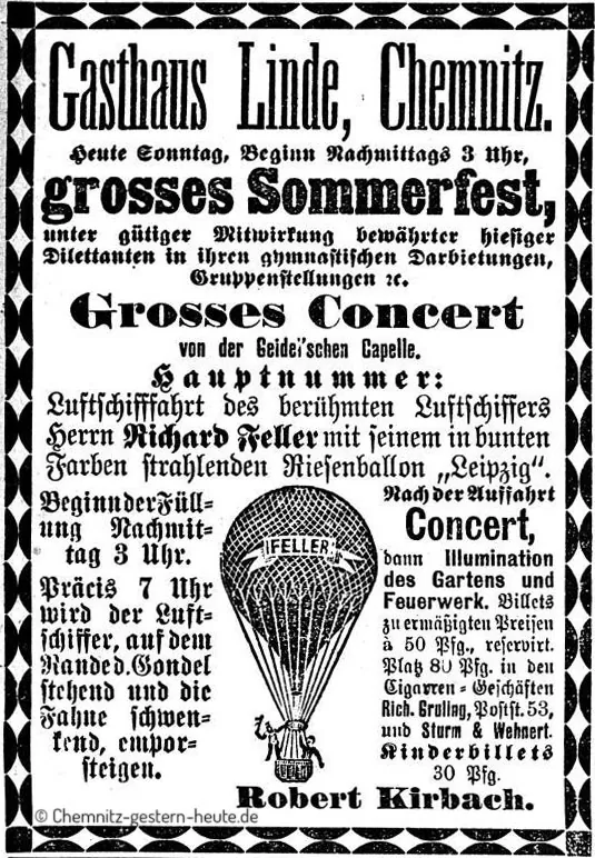 Annonce vom Sommerfest im Gasthaus zur Linde in Chemnitz August 1890